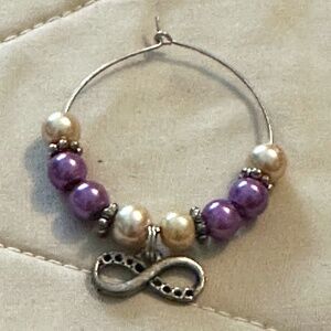 Wine glass tag, stainless steel hoop, purple/white beads, infinity charm
